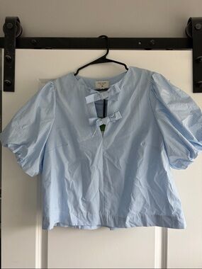 Kate Spade x Target Light Blue & White Striped Puff Sleeve Bow Blouse